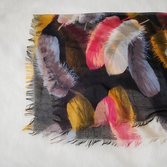 Black Multi-Color Feather Print Scarf, Light - Picture 4 of 7